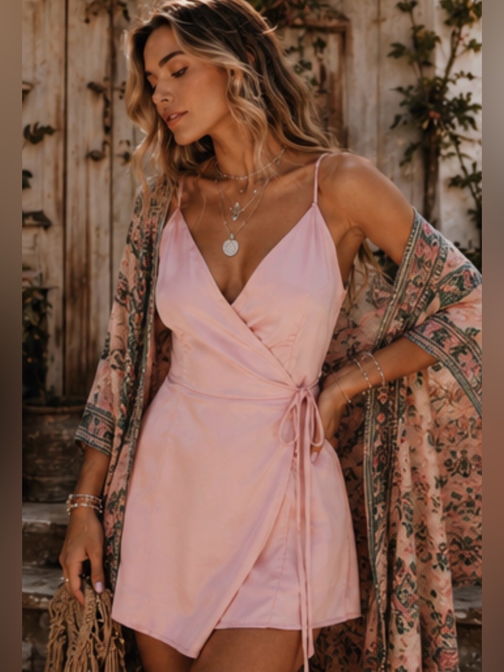 Baby Pink Satin Wrap Cami Romper